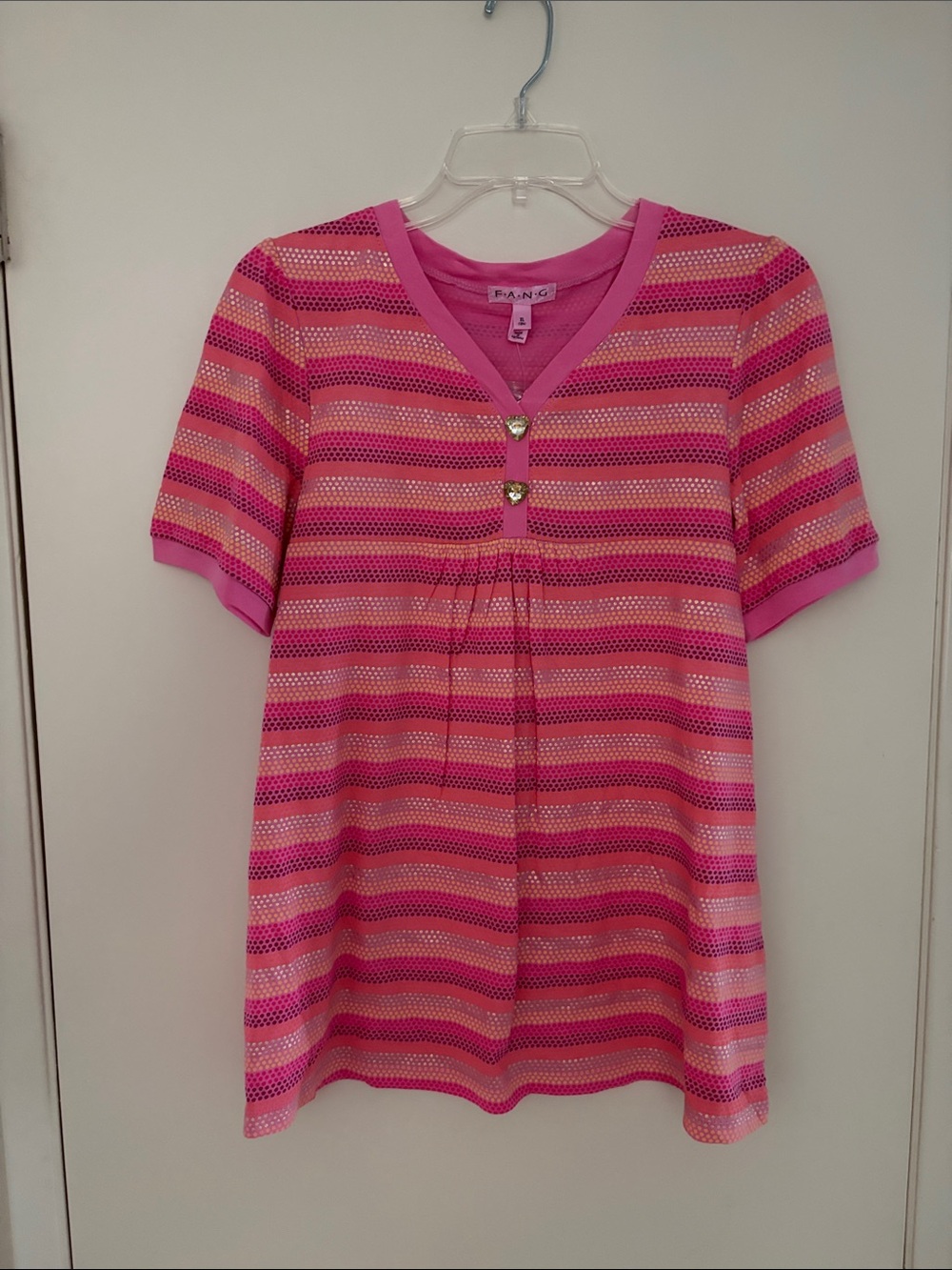 FANG Pink Striped Short Sleeve Knit Babydoll Top Rhinestone heart buttons! XXL